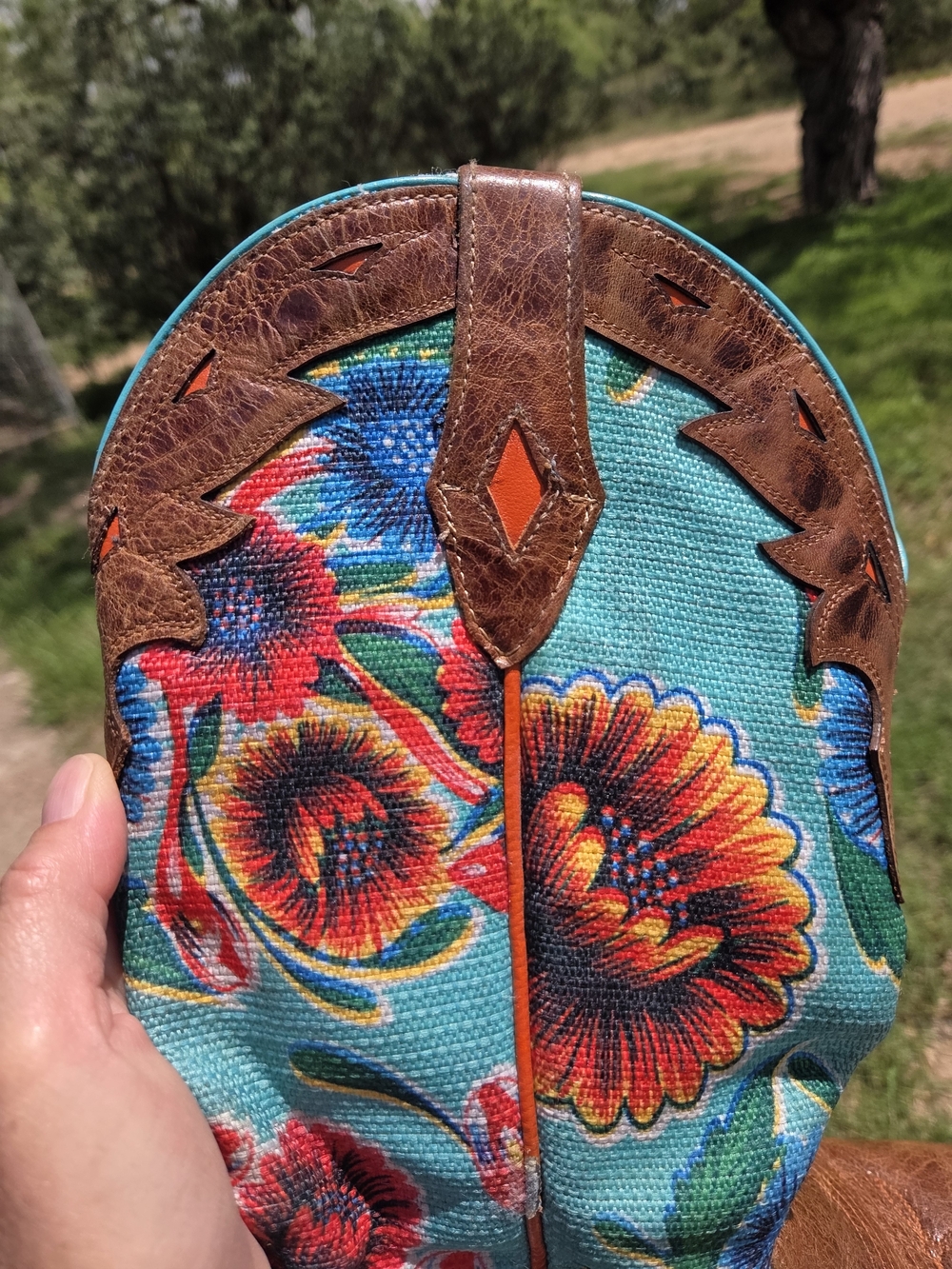 Ariat Brown Leather Wide Square Toe Boots with Turquoise Floral Shaft - Picture 4 of 14